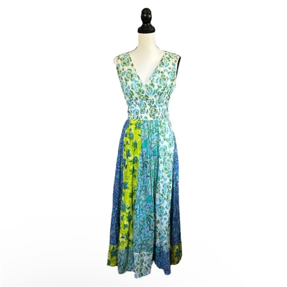 Hannah Floral Patchwork Cotton Maxi Dress Blue Green Fairycore Cottagecore Small